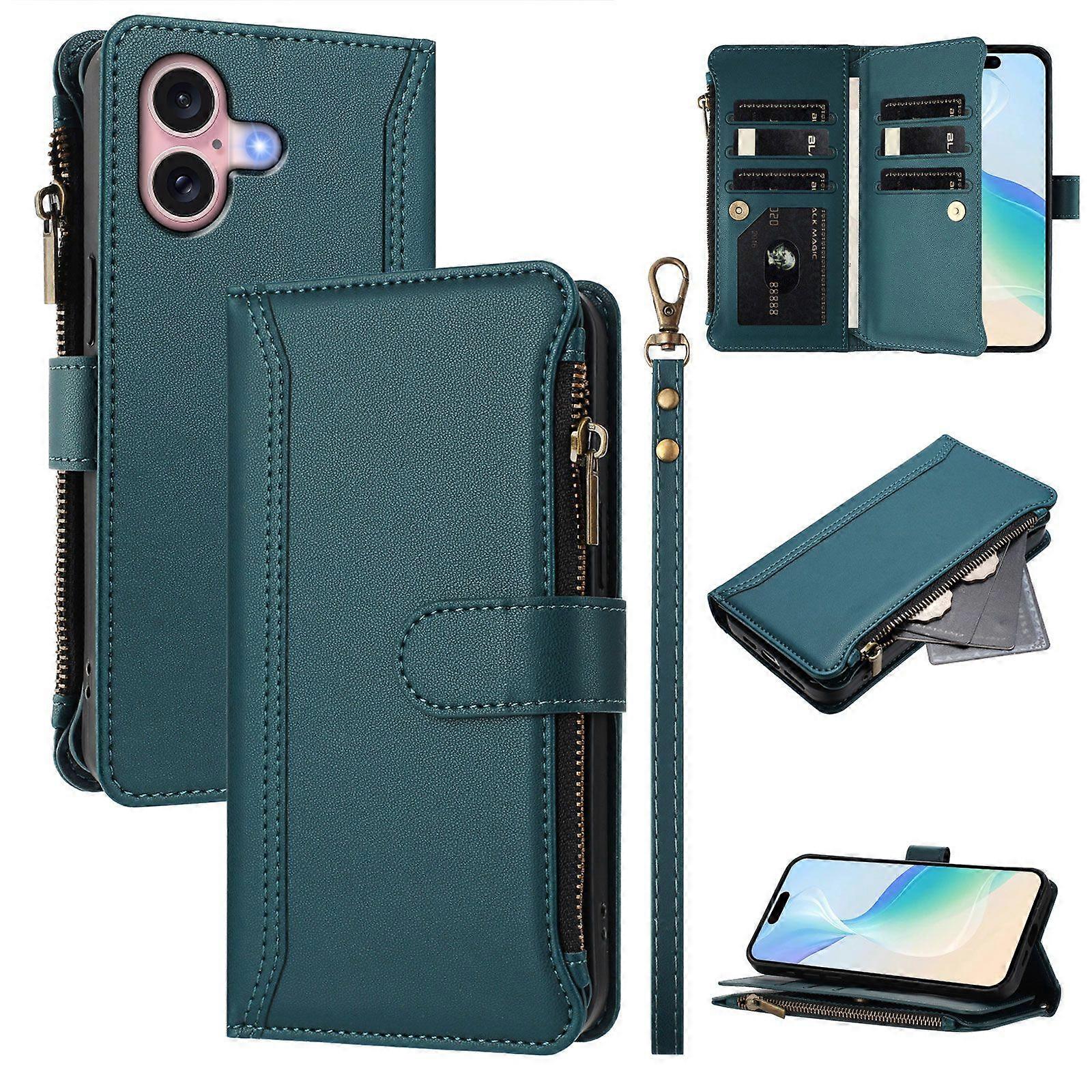 Case for iPhone 16 Premium Leather Zipper Pocket Wallet Phone Case with 9 Card Slots and Detachable Wrist Strap