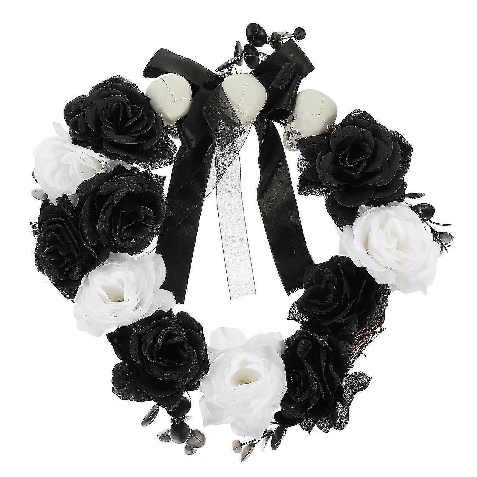 Ghirlanda di fiori bianchi e neri, ghirlanda di teschio fantasma, ghirlanda decorativa da appendere alla porta