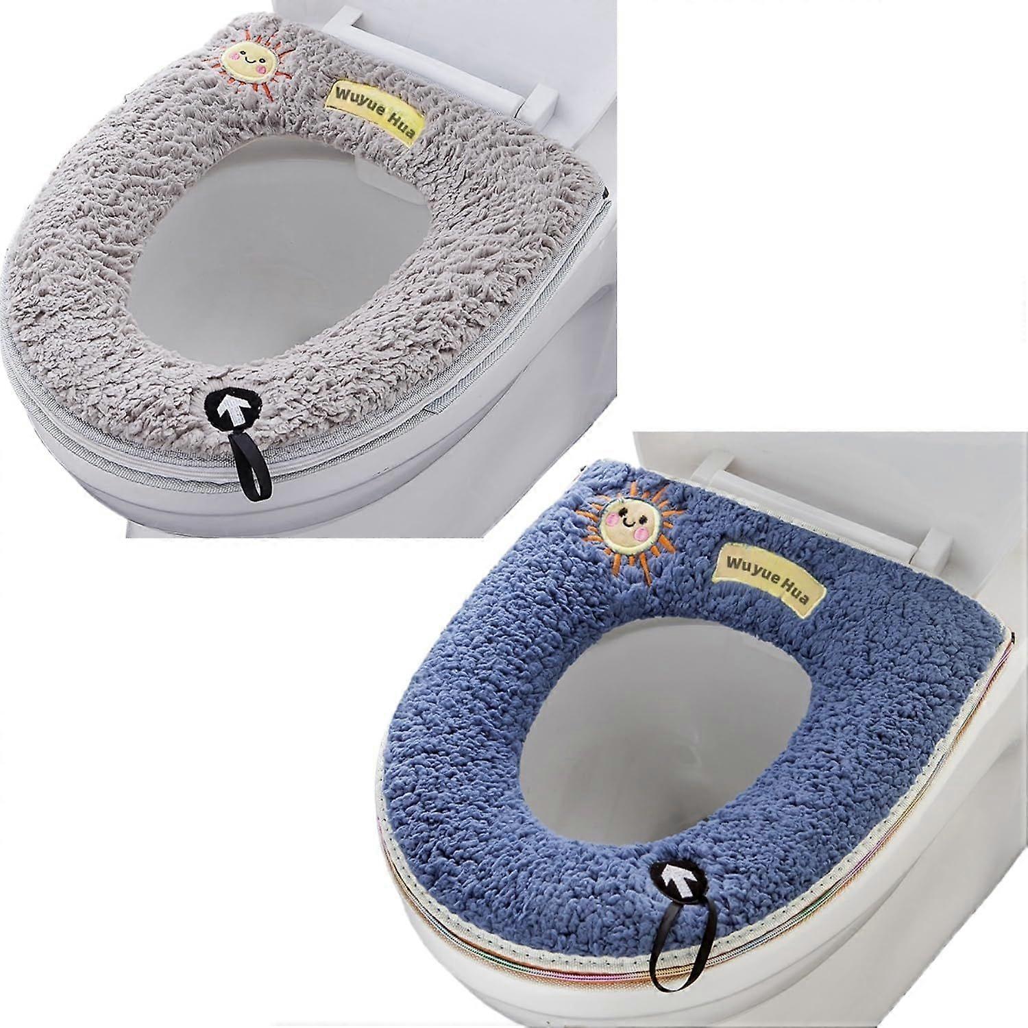 Pack Universal Toilet Seat Cushions with Hanging Loop, Soft and Warm, Washable (Grey + Blue)