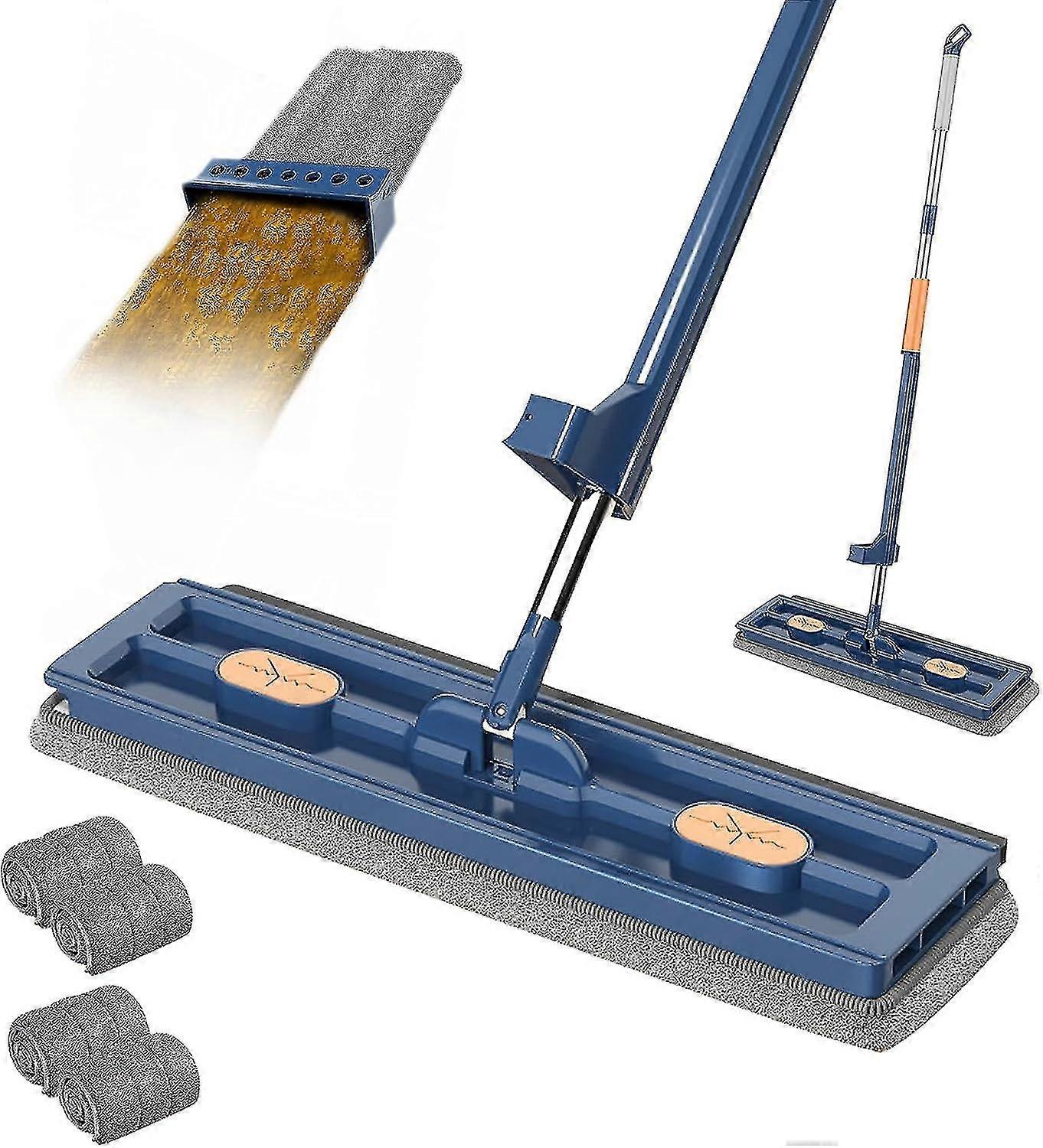 Large Flat Mop Set, 360 Swivel Mop with Wring Function, Reusable Microfiber Pads, 4 Pads, Blue