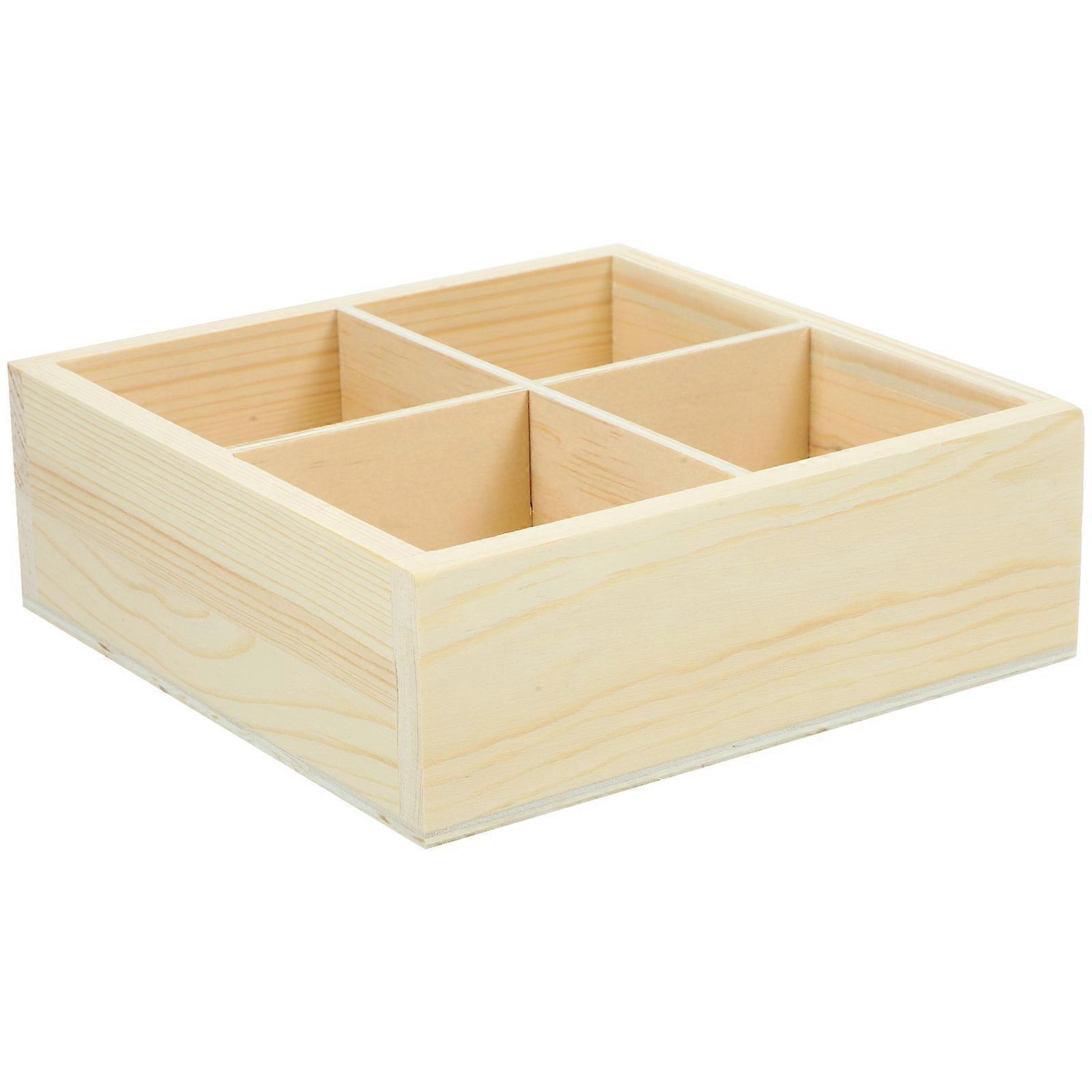 Wood Tray Compartment Wood Tray Indoor Use Square Grid Simple Design Natural Wood Color Multi-Grid Storage 1Set