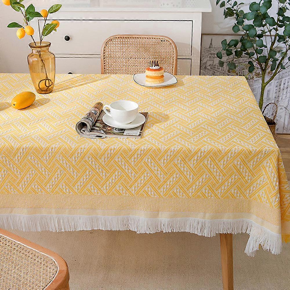 Cotton Linen Tablecloth, Rectangular Coffee Table Tassel Lace Tablecloth, Camping Table Cloth-Yellow