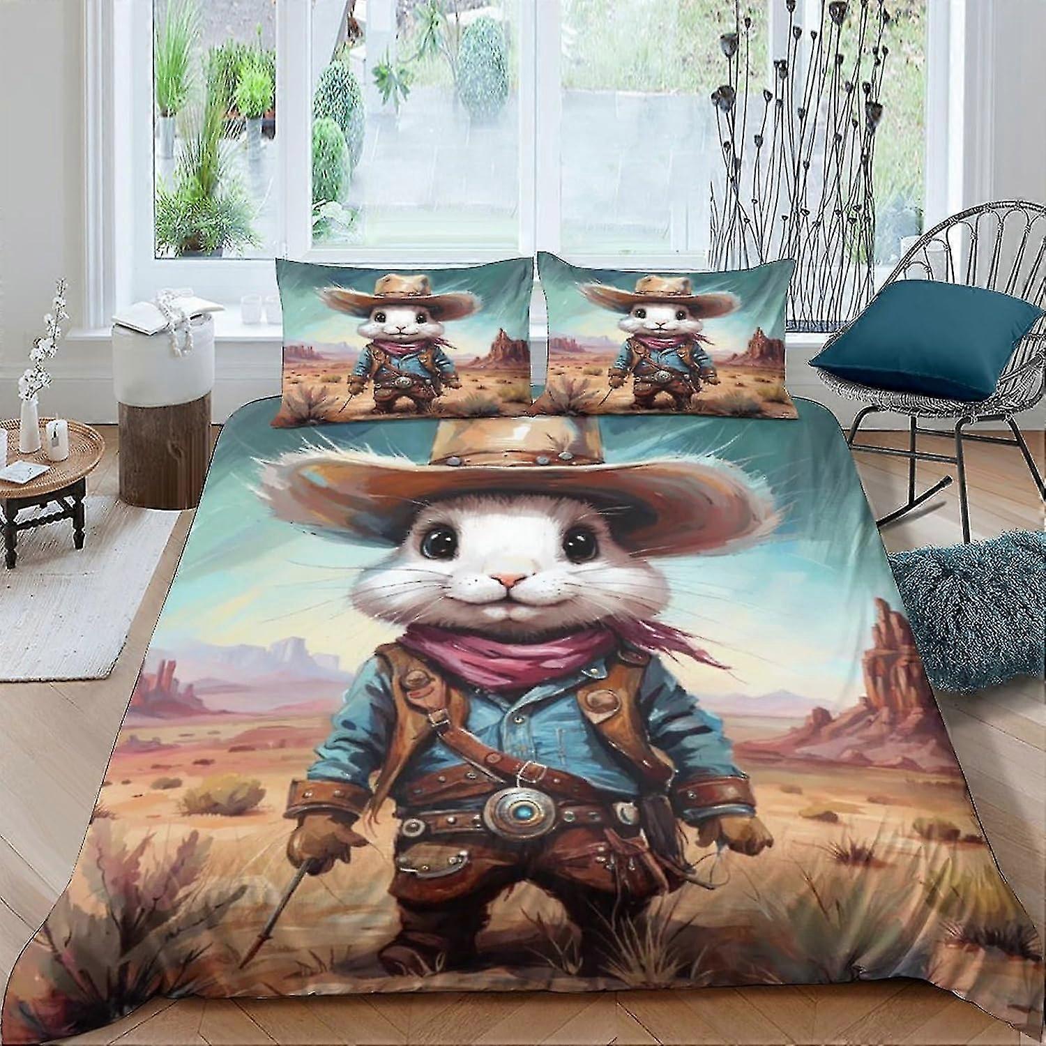 Cowboy Bunny Duvet Cover Set 3D Printed Microfiber Bedding Set Ultra Soft Hypoallergenic Comforter Cover with Zipper Closure