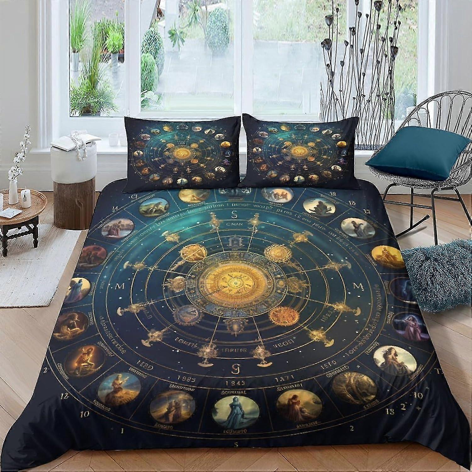 Astrolábio Signos do Zodíaco Conjunto de Cama 3D Capa de Edredom para Crianças Conjunto de 3 Peças com Fecho de Zíper Macio