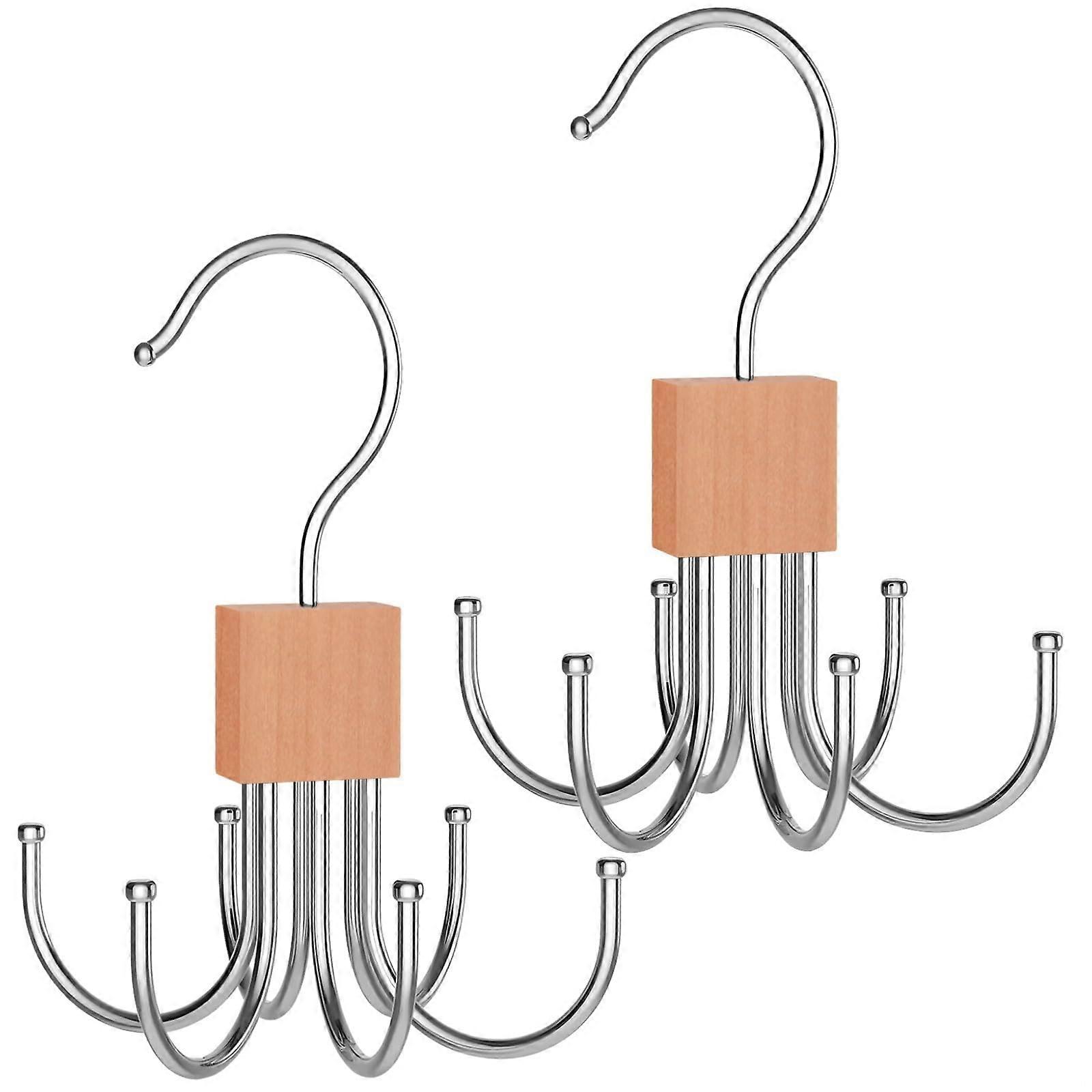 Tie And Belt Hanger With 6 Hooks And Rotating Design, Compact Wood And Stainless Steel Storage Organizer, 2-Piece Set