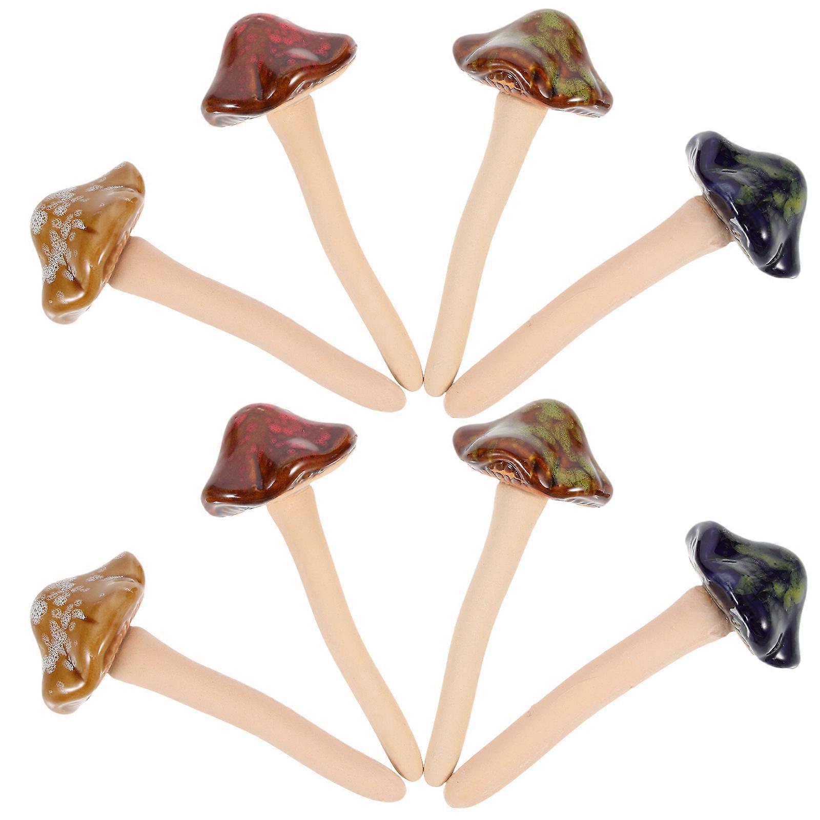 Ceramic Mushroom Statues 8Pcs Assorted Color Garden Decorations Mini Garden Mushroom Inserting Decoration 5X11.5CM