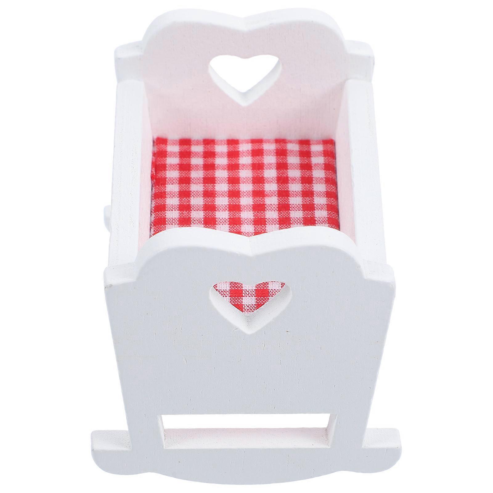 Chic White Miniature Crib for Doll House Decor with Smooth Lines Stable Wood Frame and Cloth Mattress 6.5x3.2 Inches