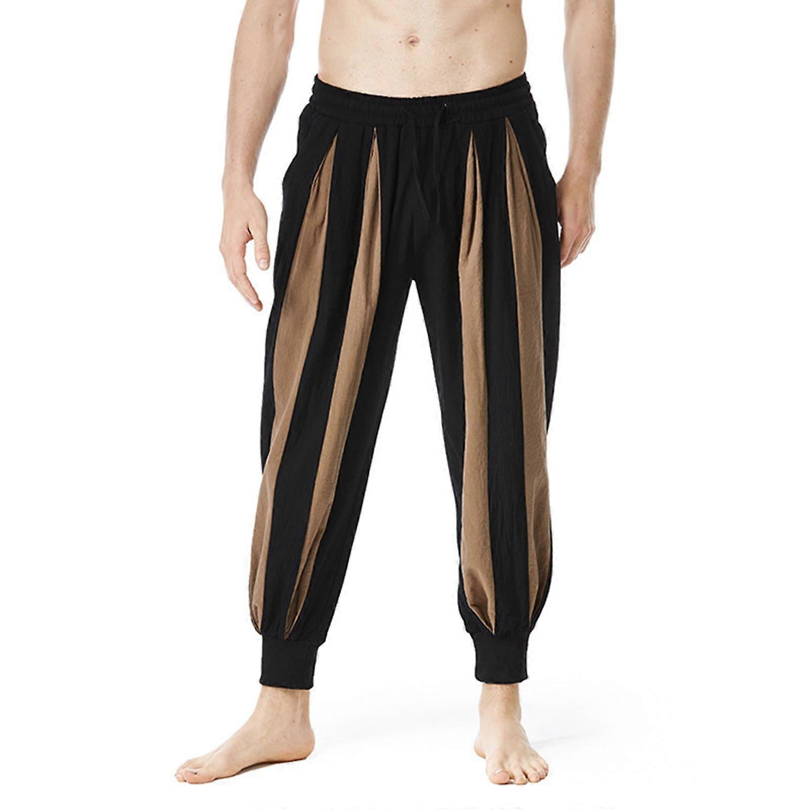 Harem pants, men's clown pants, linen pants, color block Aladdin pants, L, coffee