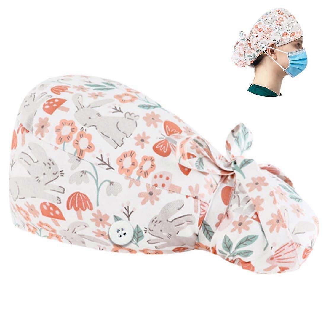 Scrub Hats Cotton Bouffant Scrub Cap With Button Closure, Adjustable, Printed Bunny Turban Cap For Women Surgical Cap