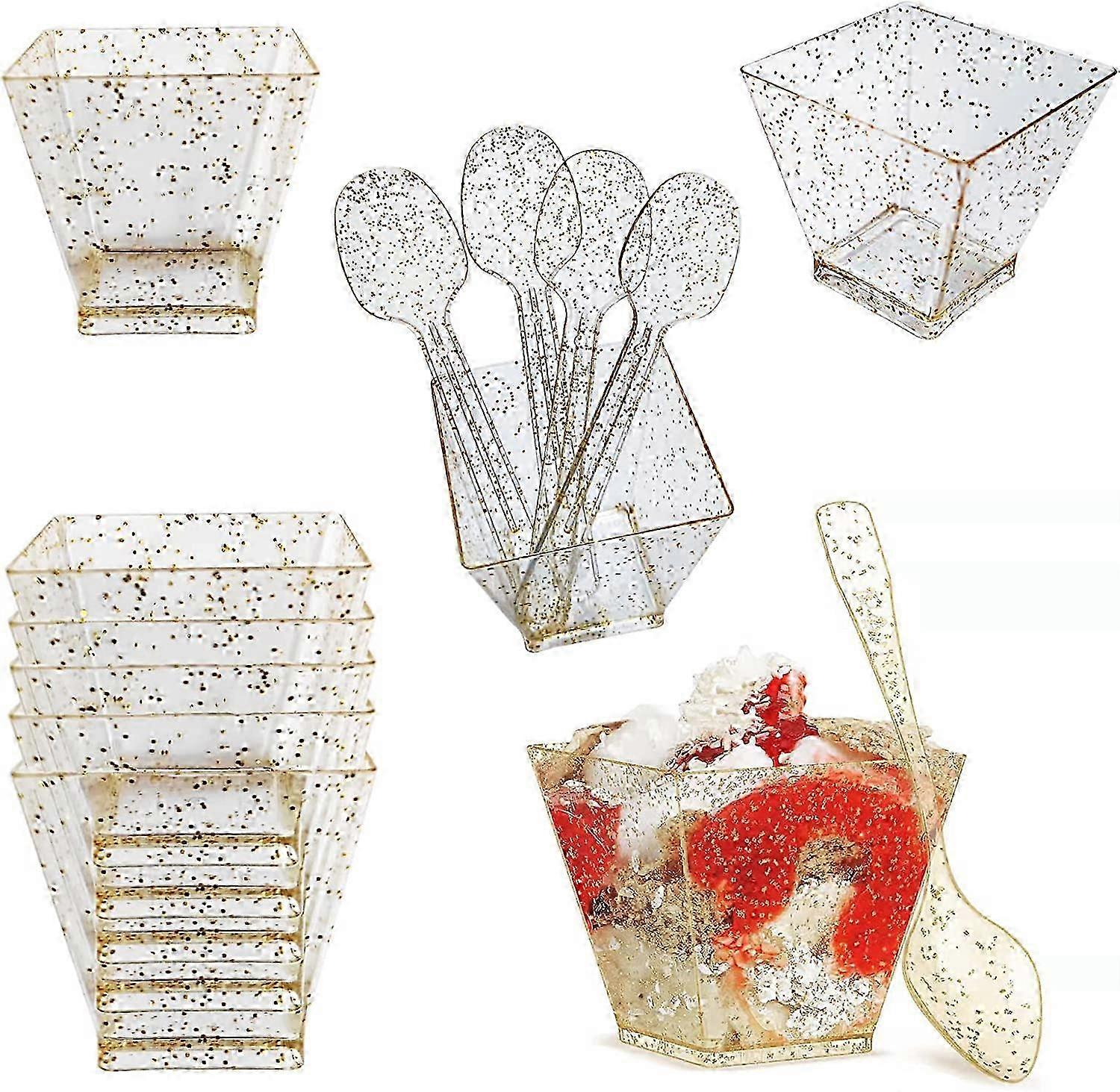 Pack of 50 Plastic Dessert Cups 60ml Dessert Bowl Set Comes with 50 Soup Spoons