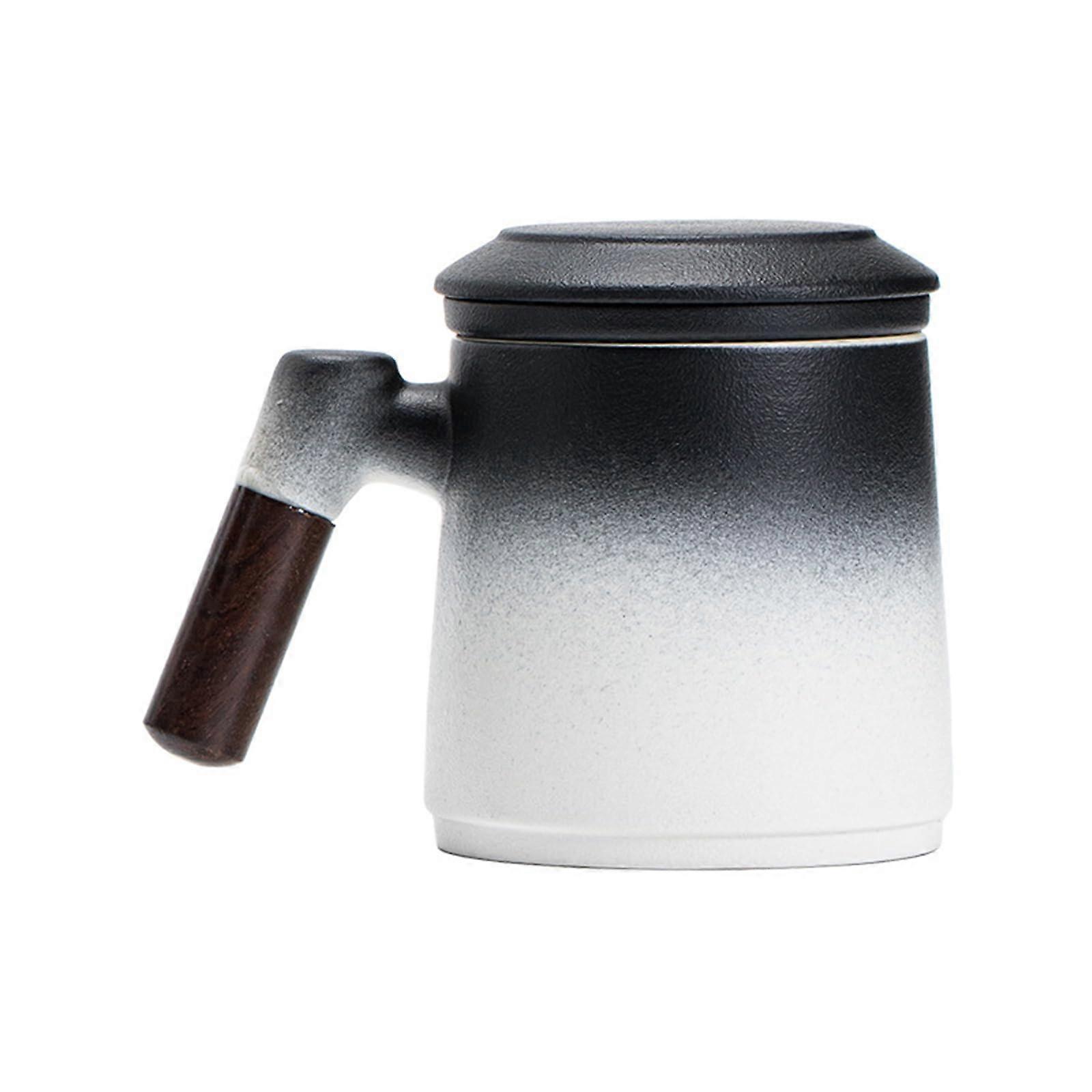 Ceramic Tea Mug with Infuser and Lid, 375ml Matte Mug with Wooden Handle for Home and Office (Black and White Gradient)
