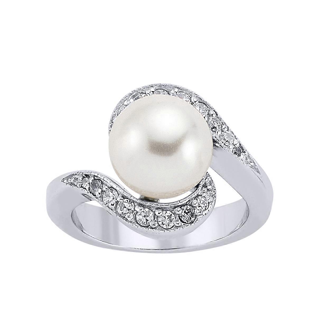 Jewelco London Sterling Silver Cubic Zirconia & Simulated Pearl Tornado Spiral Full Moon Dress Ring 11mm