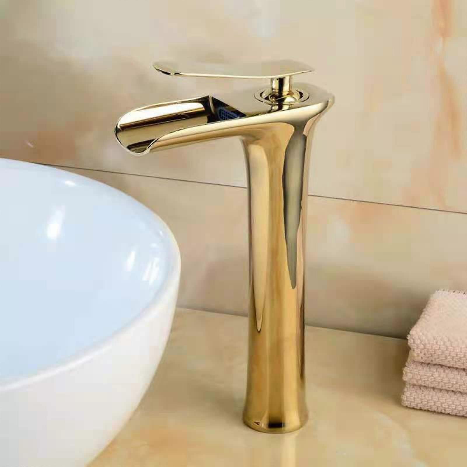 Basin Mixer Waterfall Gold Finish Brass Hot And Cold Single Handle Single Hole Bathroom Sink Faucet Waterfall Spout