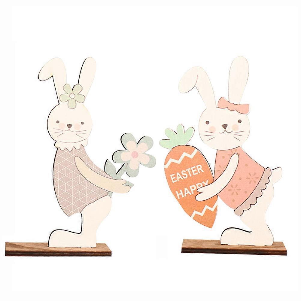 Painted Rabbit Ornaments for Decor with 2Pcs Wooden Rabbit Models