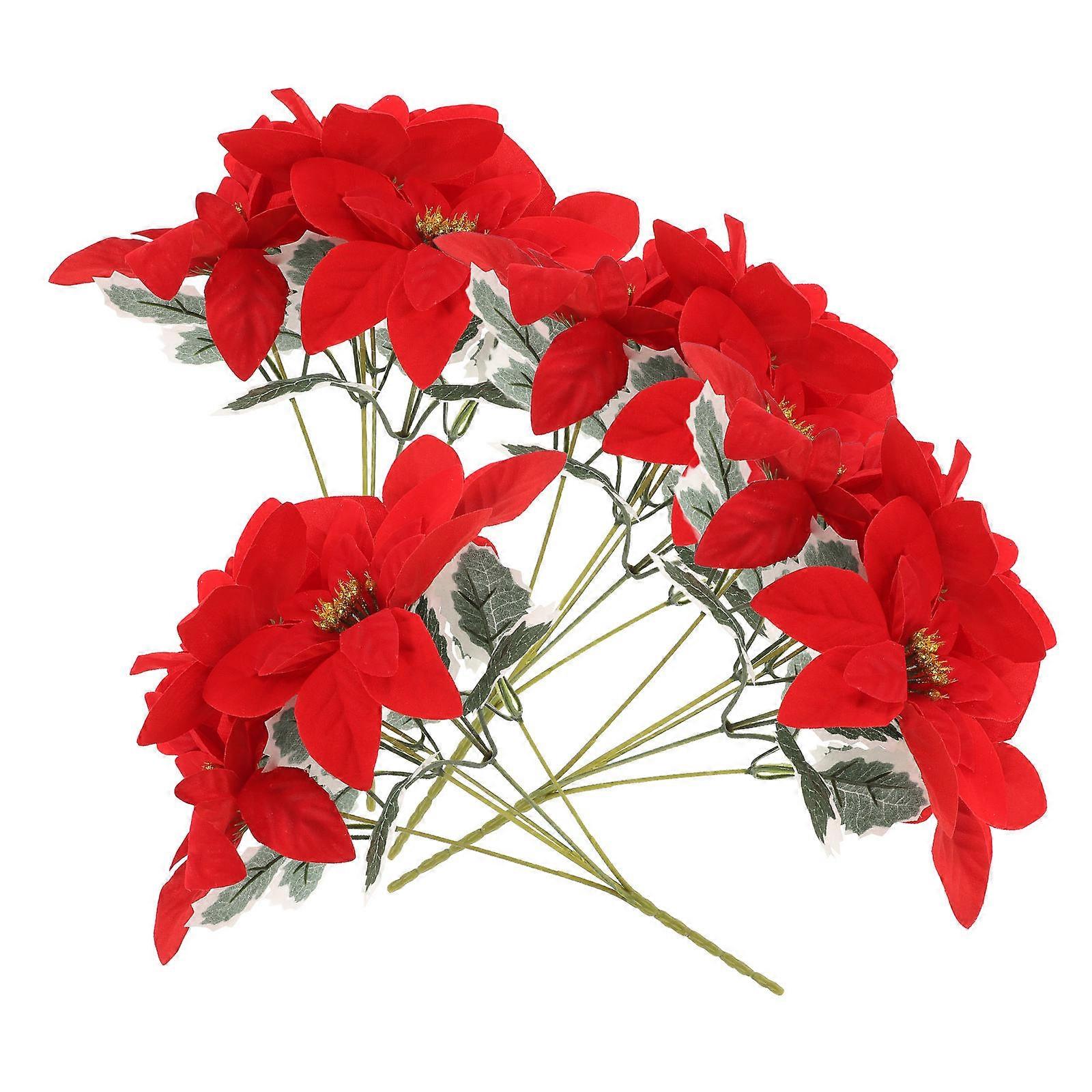 Red Artificial Poinsettia Bouquet for Holiday Decoration 8Pcs with Stems
