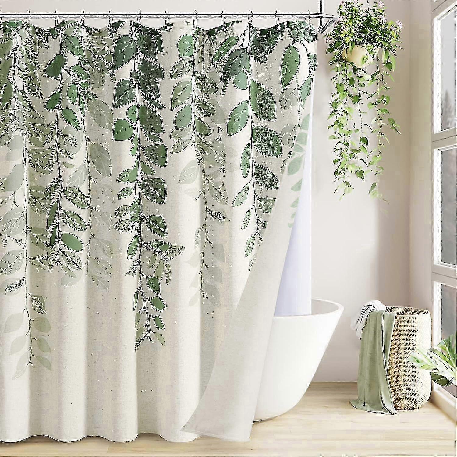 BOODII 84 Inches Linen Shower Curtain Set for Bathroom Jungle Eucalyptus Shower Curtain with Snap-in Fabric Liner Tall Farmhouse Rustic Curtain