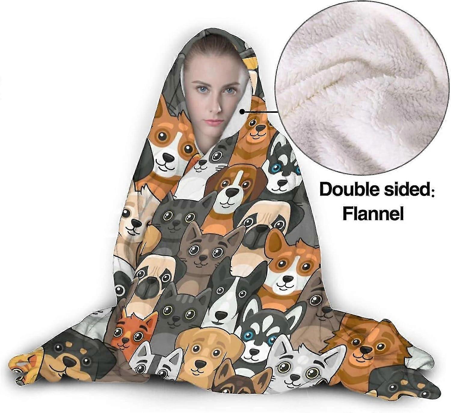Blanket Cat And Gog Hooded Blanket Soft Plush Wearable Blanket Warm Hooded Robe Poncho Cape Wrap Bathrobe Sofa Sleeping Throw Flannel Bedding 80"x60" 