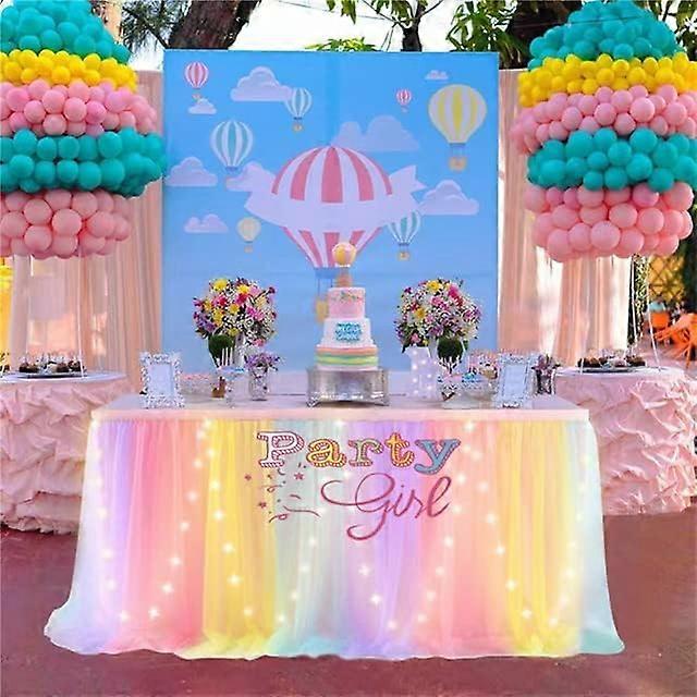 4/6/9/14FT*77CM 3Layer Rectangle Light Blue Tutu Fluffy Tulle Table Skirt With LED Lights For Parties Event Decor