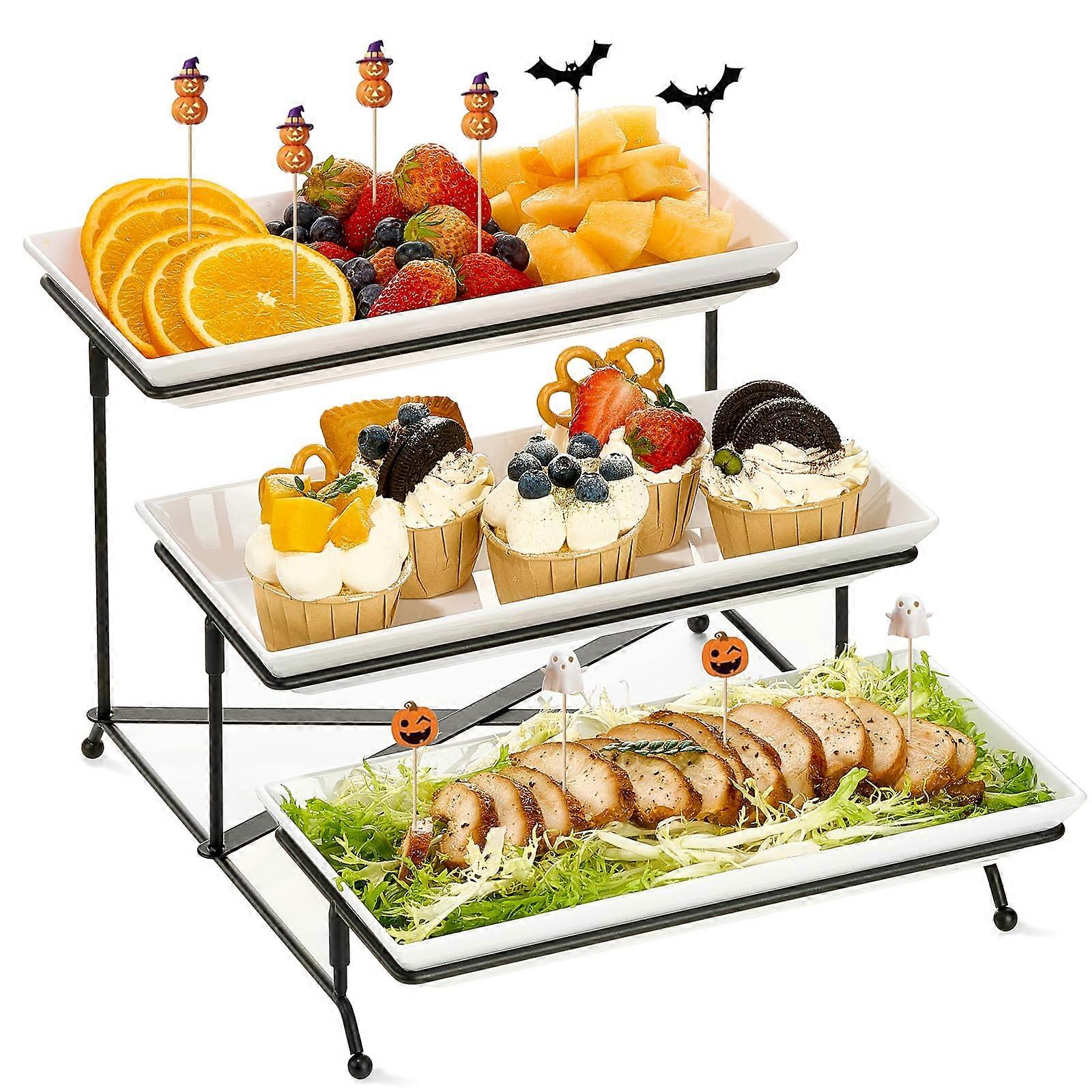 3 Tier Serving Tray Set with Collapsible Sturdy Stand, White ShatterResistant Platters for Parties