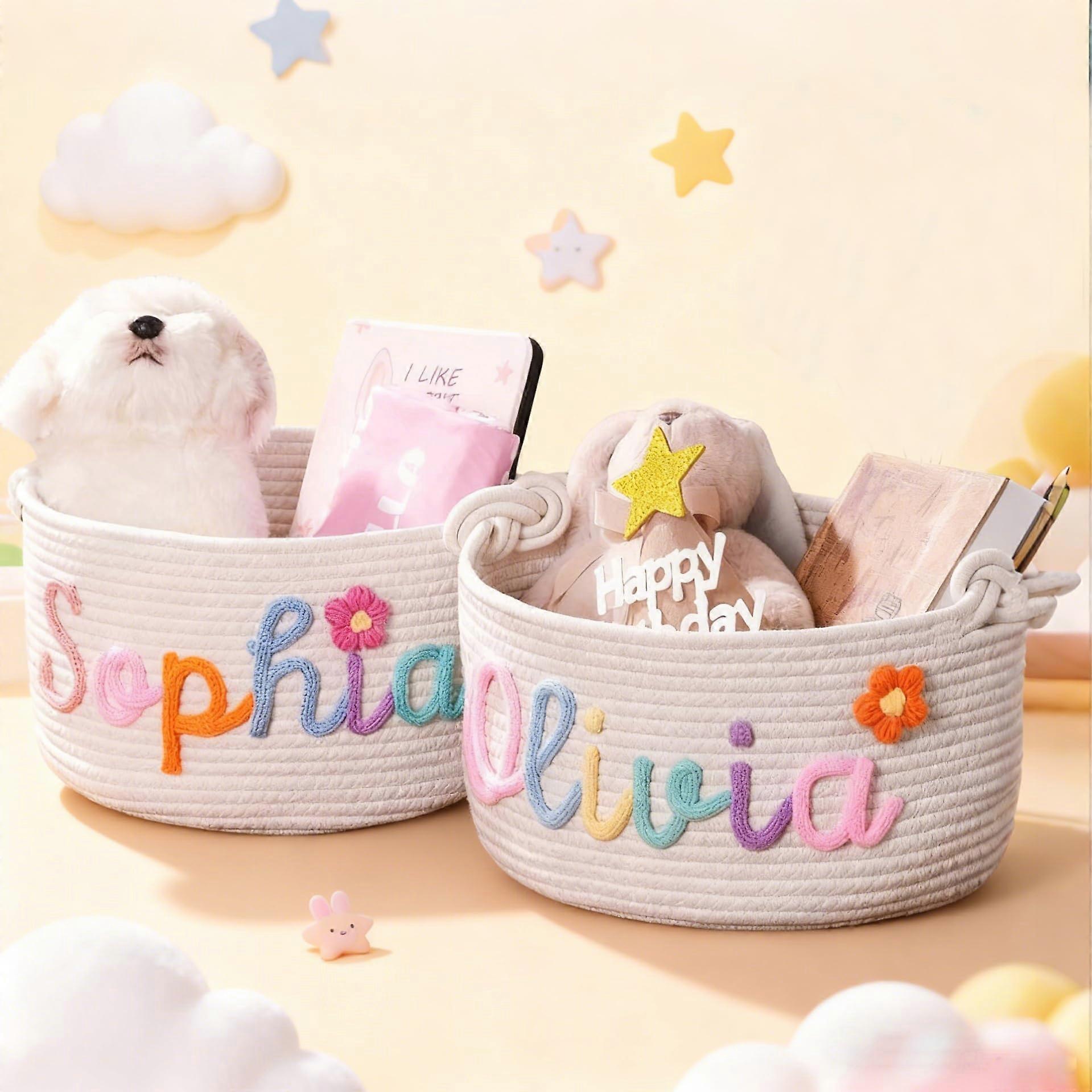 Cotton Rope Basket with Name Embroidery, Custom Woven Toy Storage Organizer with Handles