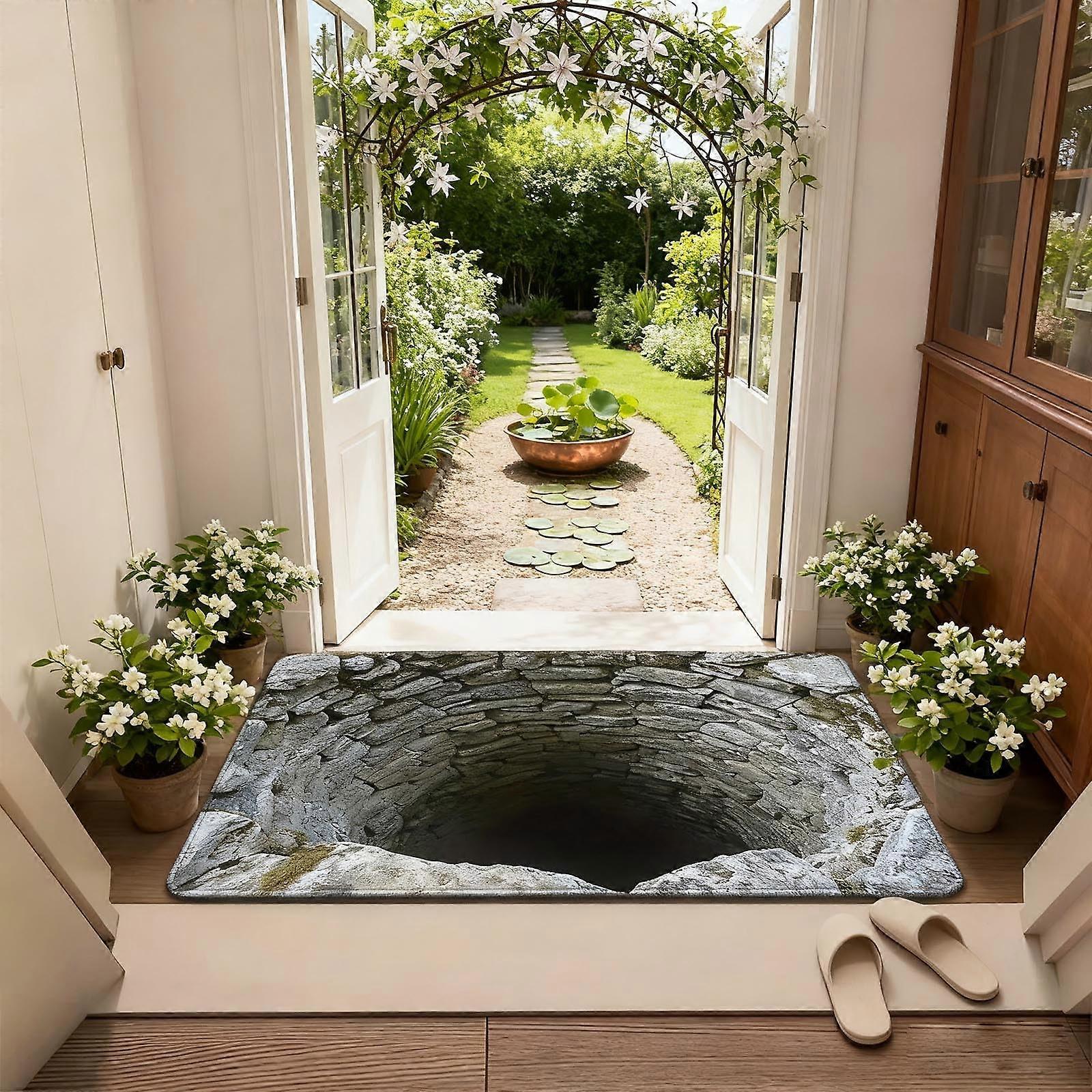 3D Illusion Rug with NonSlip Rubber Backing, Absorbent QuickDry Cave Design Mat for Home Entryway 60x90cm Grey