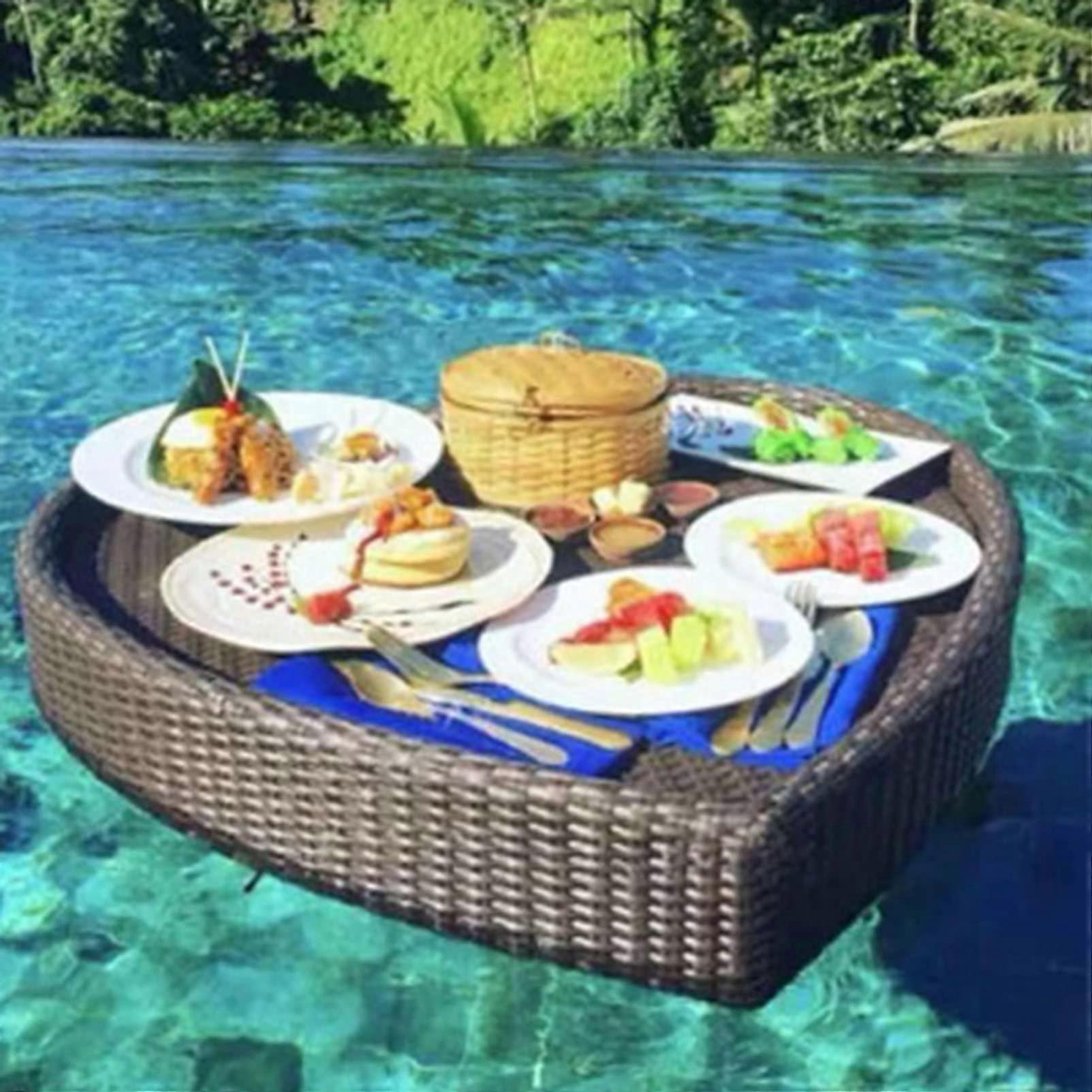 Floating Serving Tray EcoFriendly Rattan Waterproof Pool Bar for Drinks and Snacks Brown
