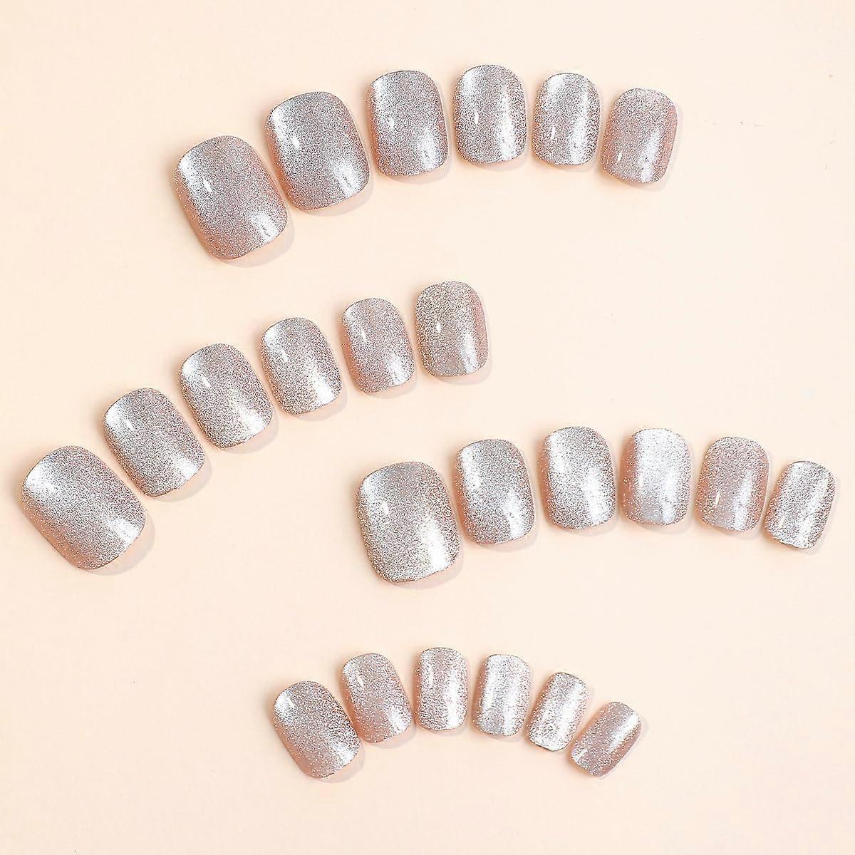 Pink Cat Eye Press On Nails Set 24pcs Short Acrylic False Nails, Wide Size Selection