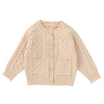 Cardigã infantil de malha AWZXDE com botões frontais, cor sólida, casual e versátil, com bolsos, para meninos e meninas, ideal para outono e inverno, bege, tamanho 90.