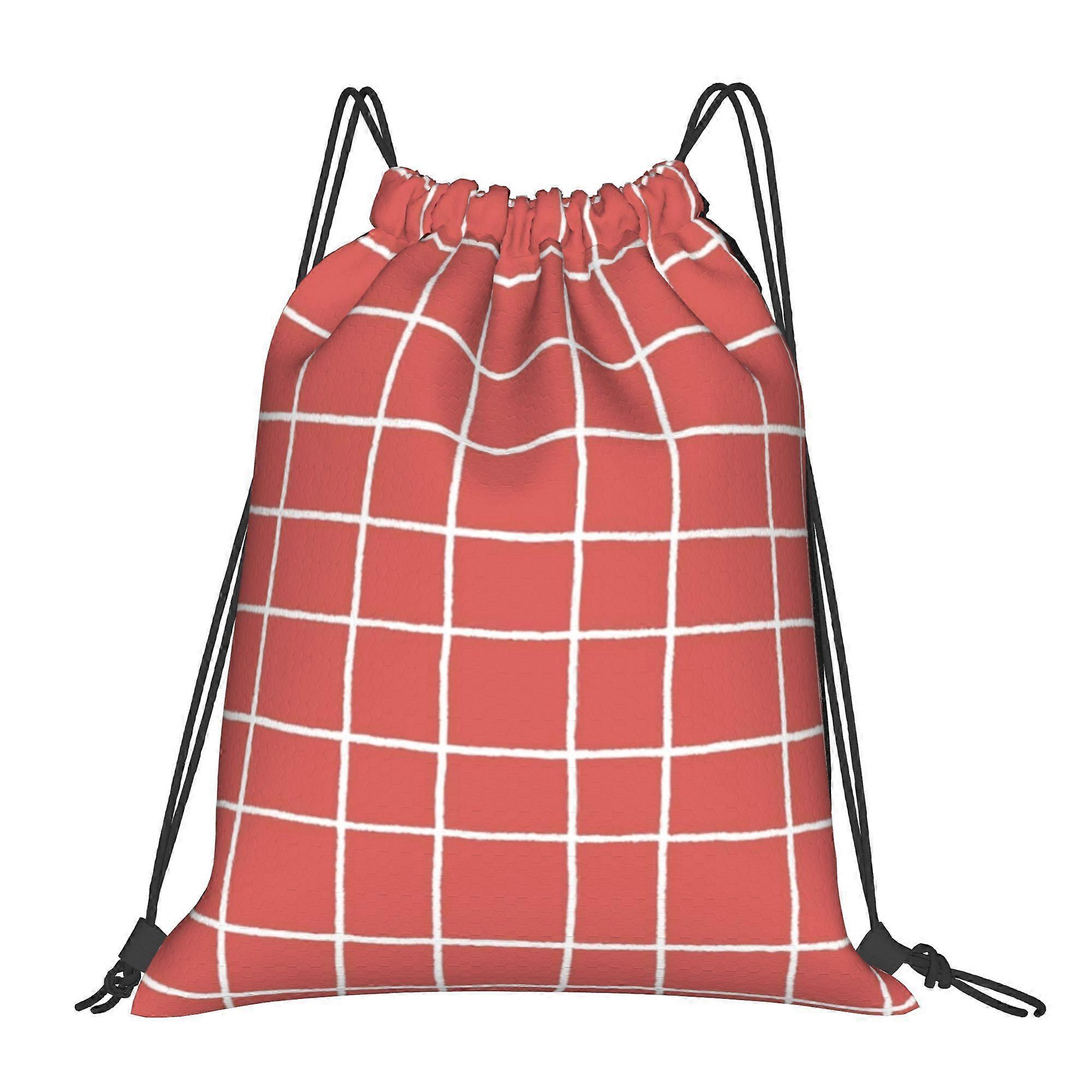 Red Orange White Thin Checkerboard Square Grid Pattern Pairs COTY Raspberry Blush Casual Drawstring Sack That Complement-Cqazw