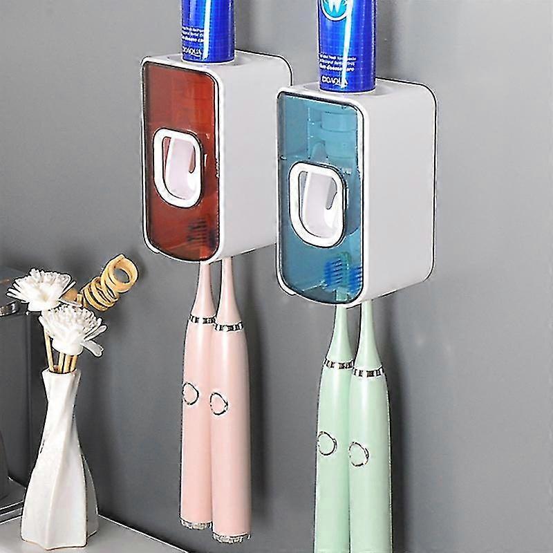 Wall-Mounted Toothbrush Holder & Automatic Toothpaste Dispenser - Blue/Red, Space-Saving, Easy Installation