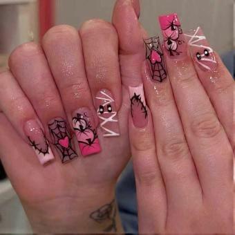 Long Square Pink Press On Nails French Tip Acrylic Fake Nails Glossy Glue On Nails for Women-ad