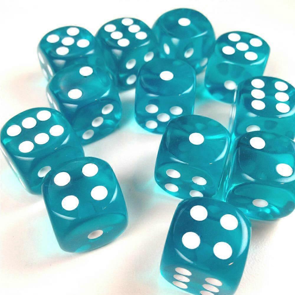 TEAL/WHITE Officially Licensed Sharp-edged D6 Dice Translucent 16mm (12 Dice)