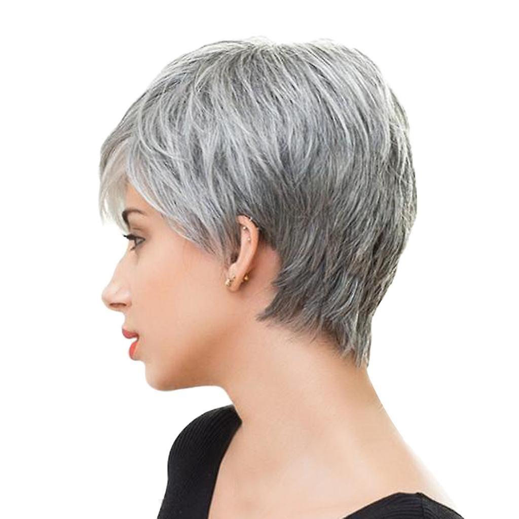 8 "Femmes Vrai Cheveux Humains Perruque Court Superposé Perruque Oblique Frange Gris avec Capuchon