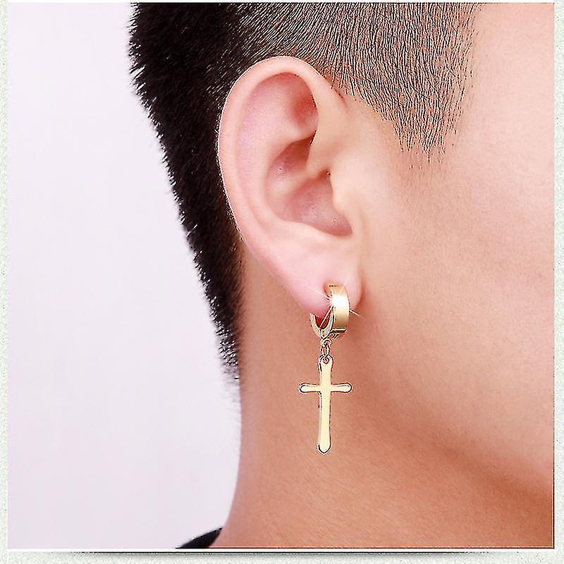 Non Drilled Clip On Cross Dangle Hoop Earrings Set, Stainless