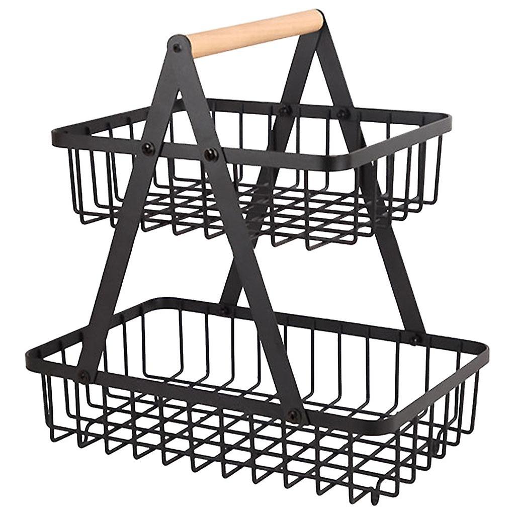 Wrought Iron 2-Layer Fruit Basket Vegetable Holder Organizer Stand Black