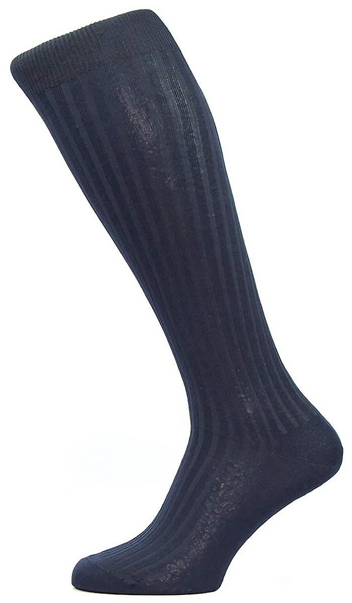 Pantherella Danvers Rib Over the Calf Cotton Lisle Socks - Navy