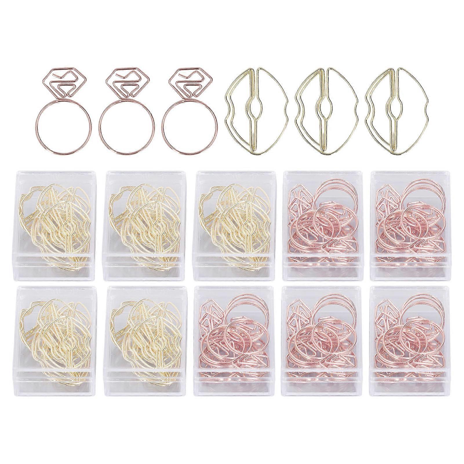100pcs Metallic Paper Clips: Lips and Diamond Rings Shape for Office File Classification