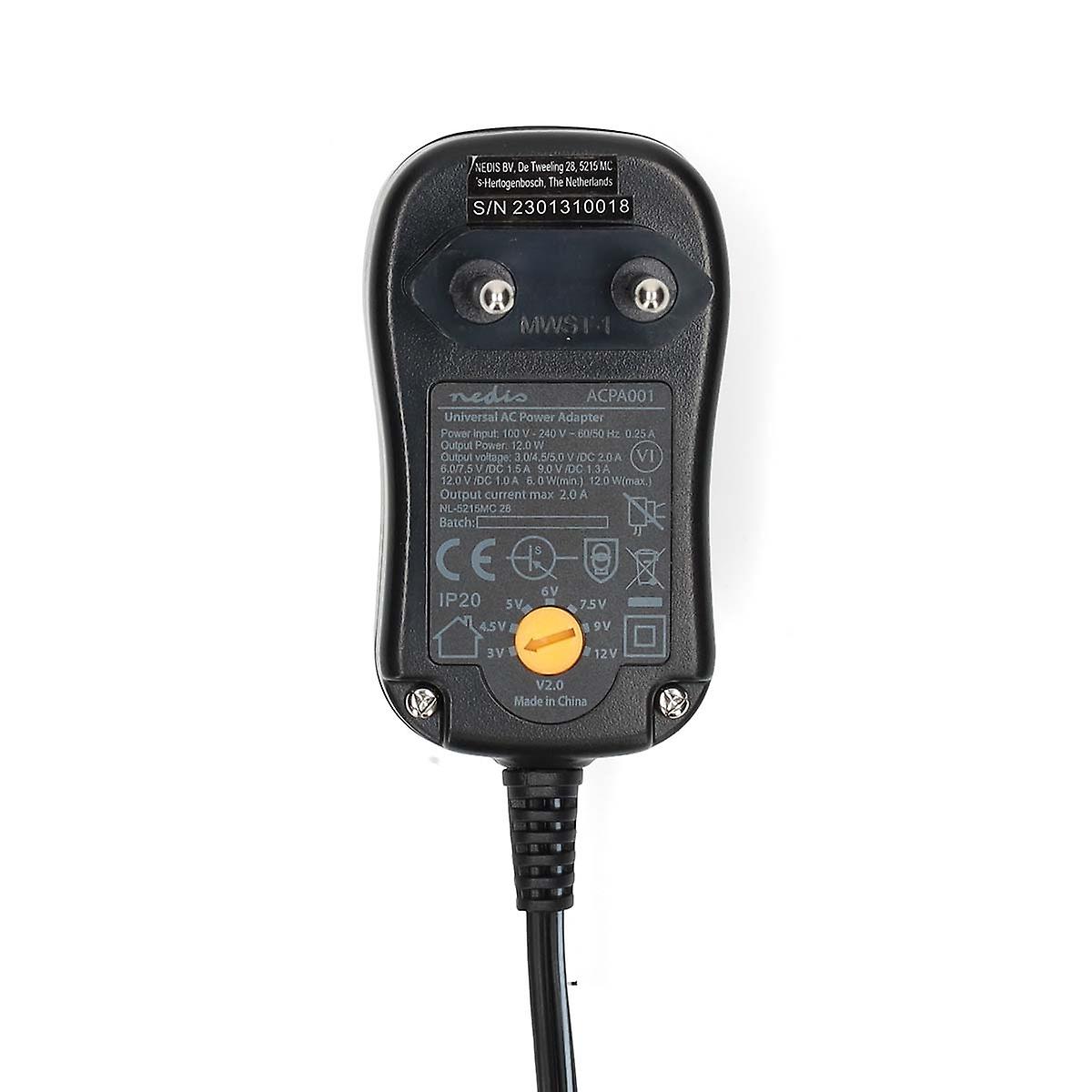 Universal AC Adapter | 12 W | 3 - 12 V DC | 1.80 m | 2.0 A | 6 plug(s) | Black