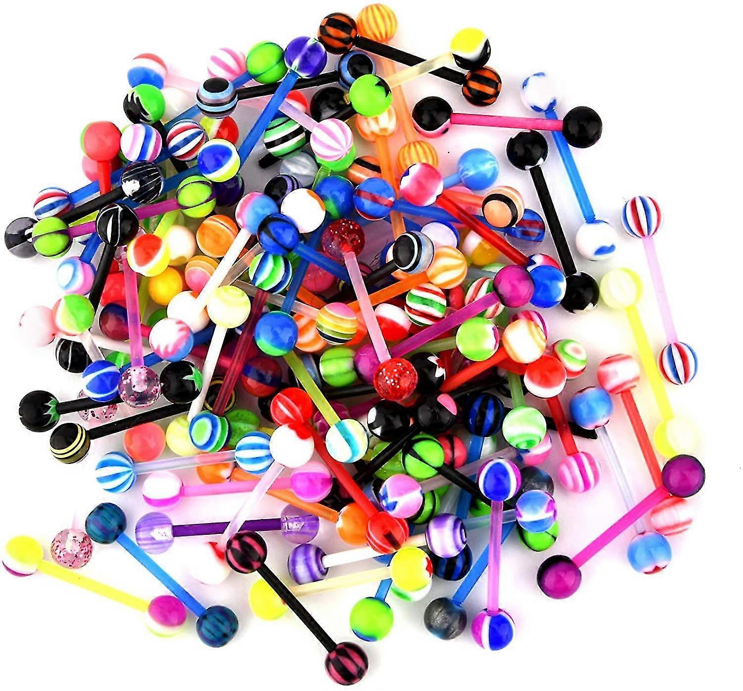 50 Tongue Piercing Set Flexible Plastic With Acrylic Ball 16mm Barbell Piercing