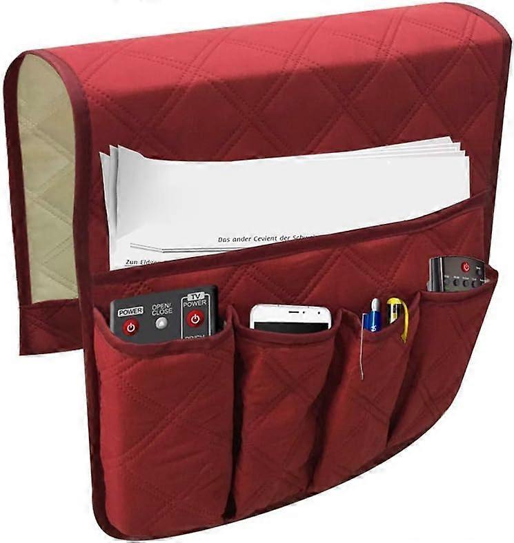 Wine Red Five Memory Foam Armrest Pockets Hanging Organizer TV Remote Control Storage Bag