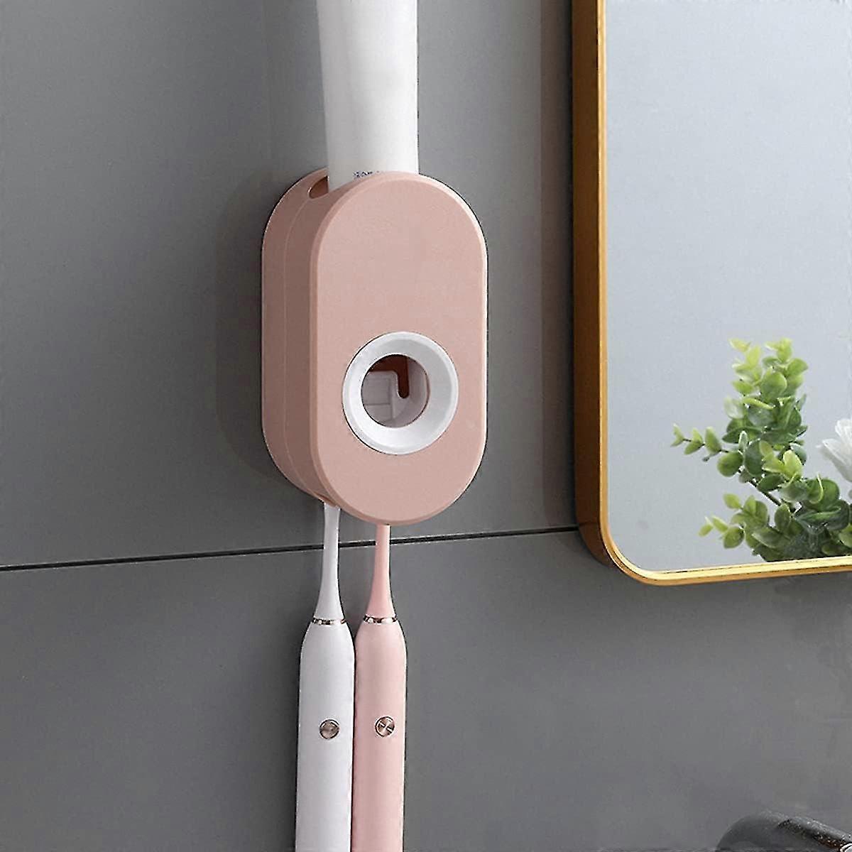 Wall Mounted Automatic Toothpaste Dispenser With 2 Toothbrush Holder Organizer Self-adhesive Toothpaste Squeezer Hands-free Toothpaste Holder(pink)