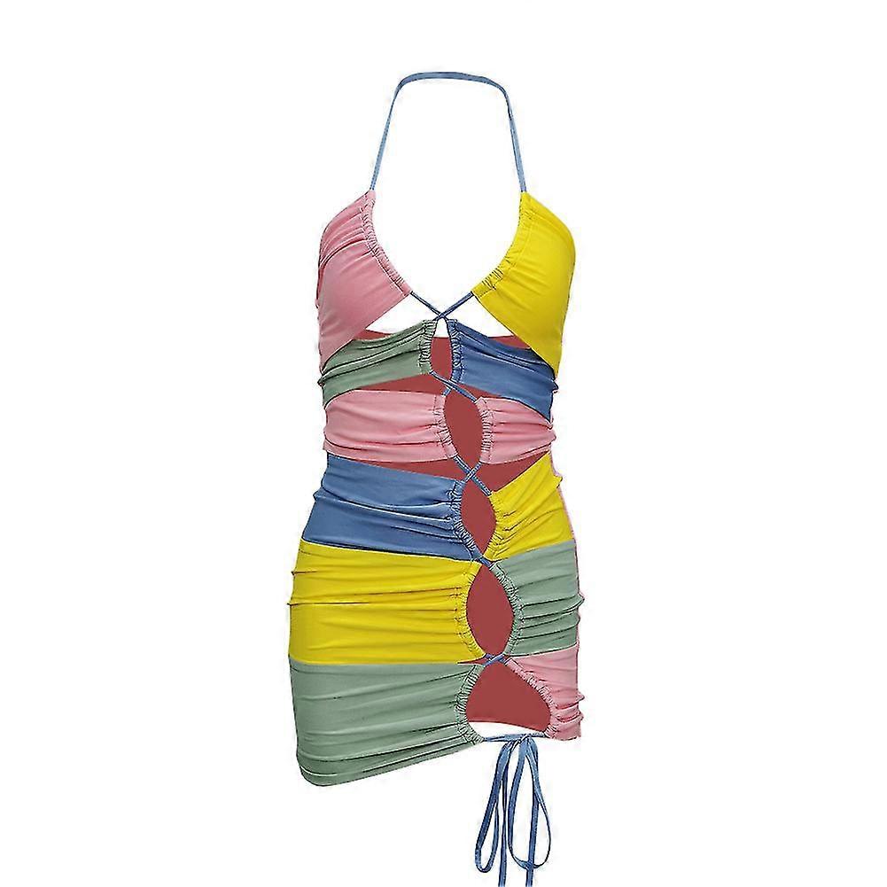 Dress Double Color Splicing Tank Tops Multicolor Layered Patchwork Jersey Dress