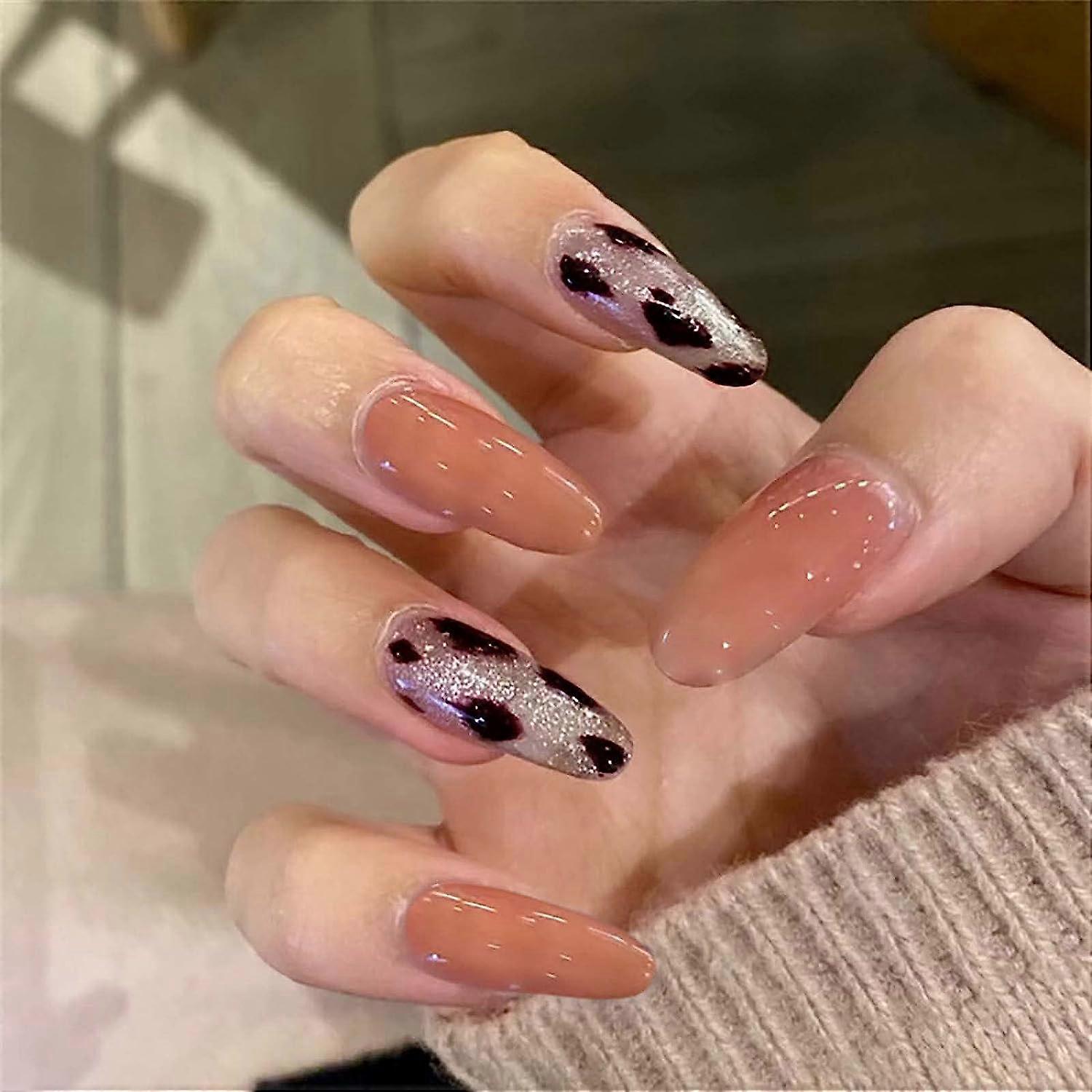 24 stuks Druk op Nagels Medium Lengte met Ontwerpen Chique Mode Lange Nep Doodskist Nagels met Lijm Franse Tip Acryl Nagels Ballerina