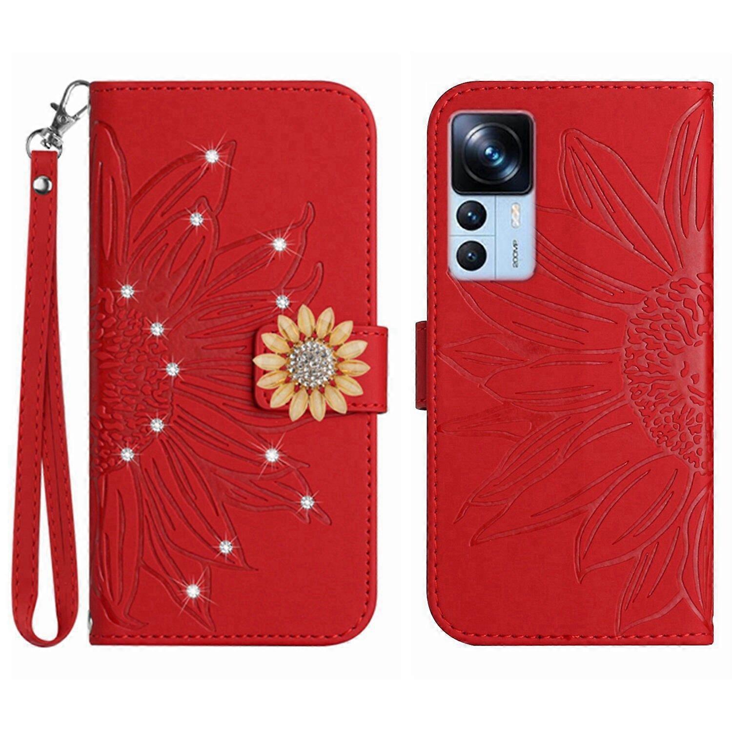 Compatível com Xiaomi 12T/12T Pro Girassol em relevo com diamantes Magnetic Card Holder Wallet Phone Case com alça curta