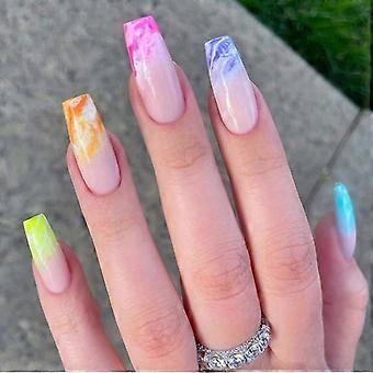 2set Paina kynnet Pitkä arkku Tekokynnet Blue Wave liima kynsissä Värikkäät akryylikynnet kärjet Summer Swirl Beach tekokynnet muotoilulla Glossy Luxur