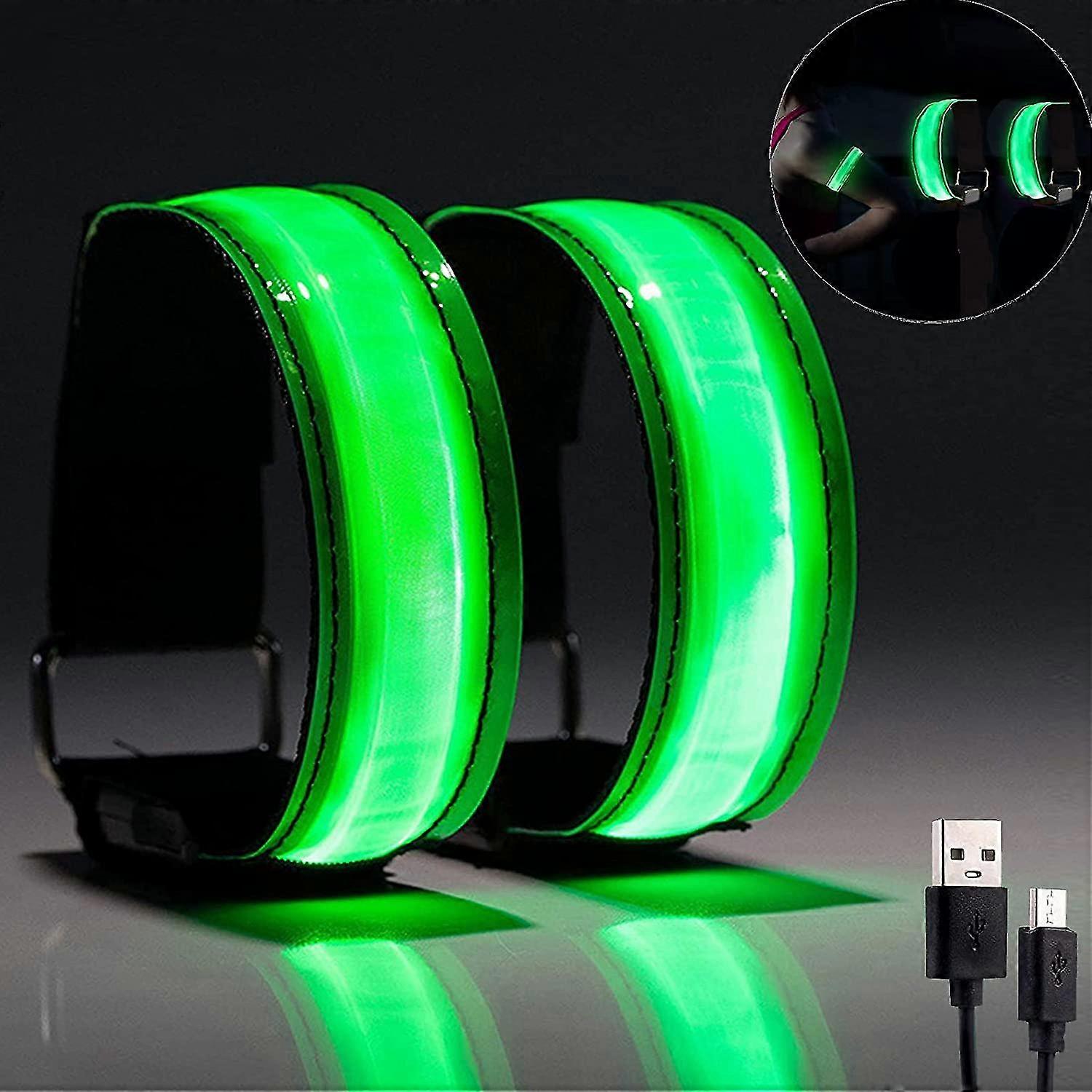 ランナーランニングライト、反射ランニングギア、安全ライト充電式ジョギング、ウォーキング、キャンプアウトドアスポーツ用アームバンド(2パック)グリーン