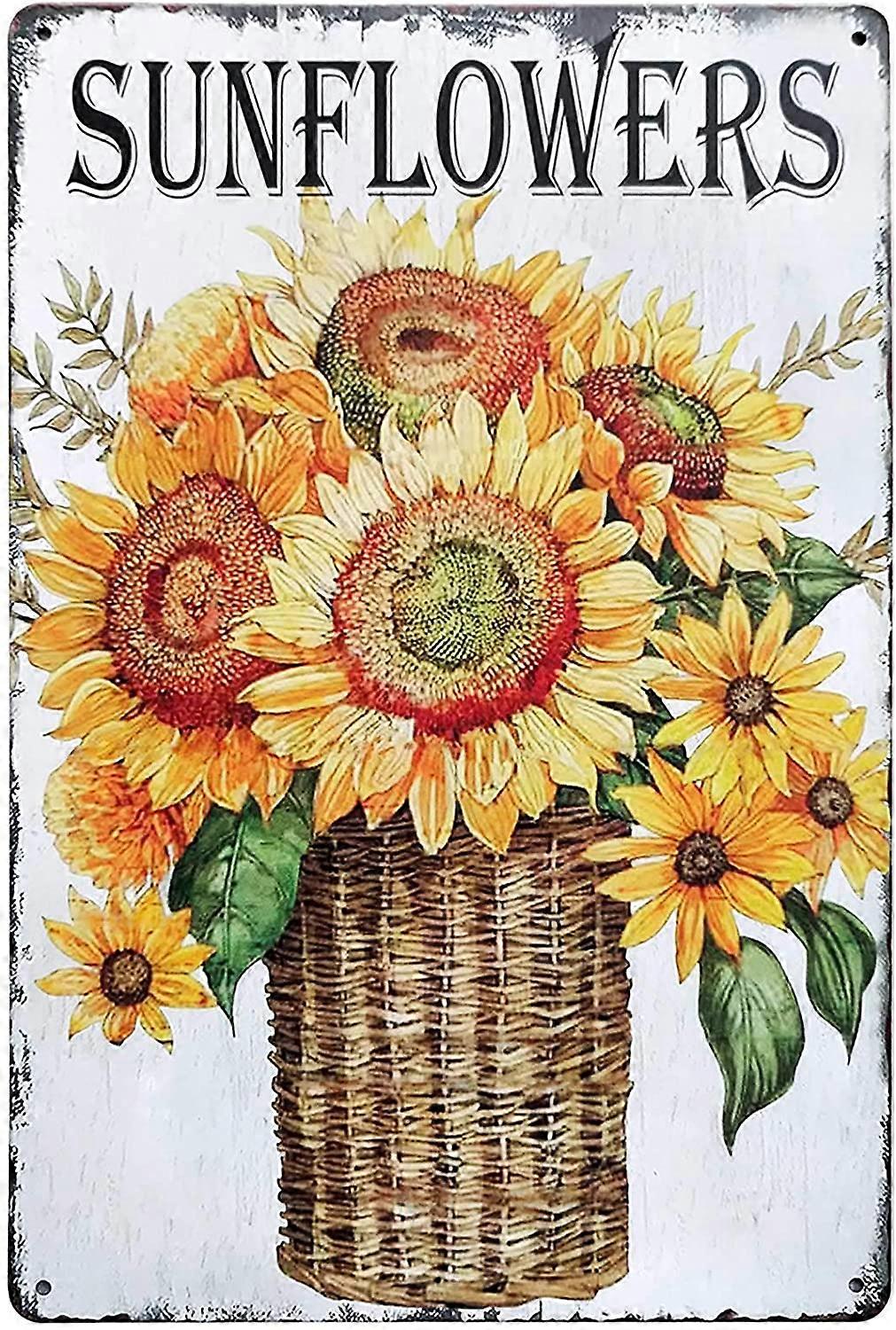ひまわりの花の絵画ビンテージ錫看板カントリーホームデコレーション、リビングルーム、キッチン&バスルームデコレーション8X12インチ