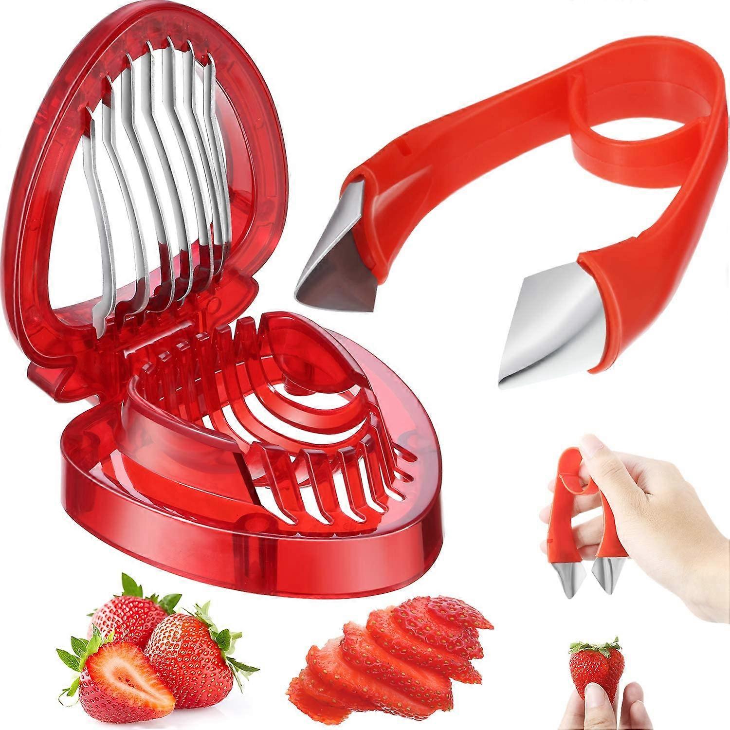 2 Stück Erdbeer Slicer Cutter Set, Erdbeerschäler Stielentferner Fruchtblätter Schälpe Peeli