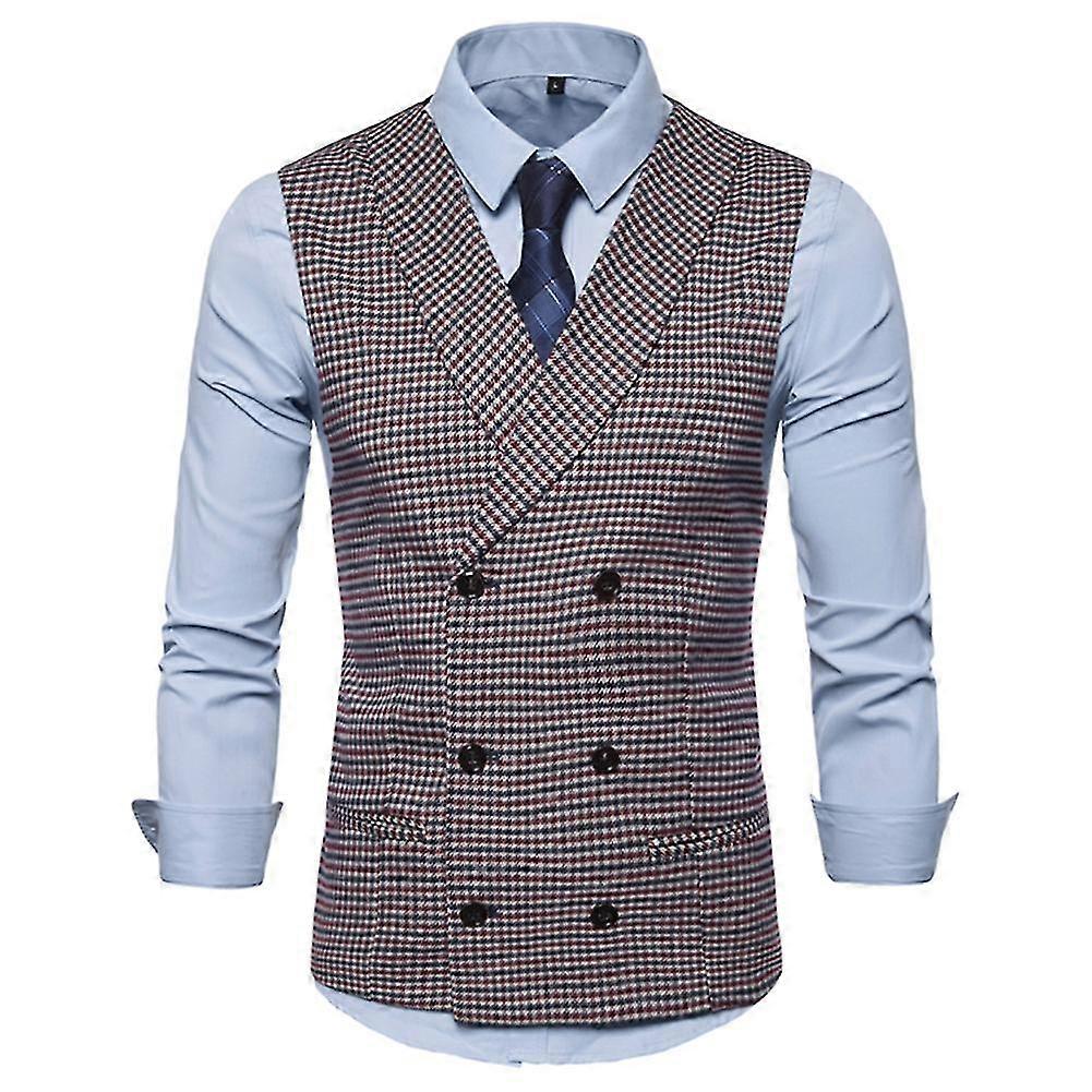 Naiwang Mens Double Breasted Cape Lapel Suit Vest Houndstooth Pattern Slim Business Waistcoat
