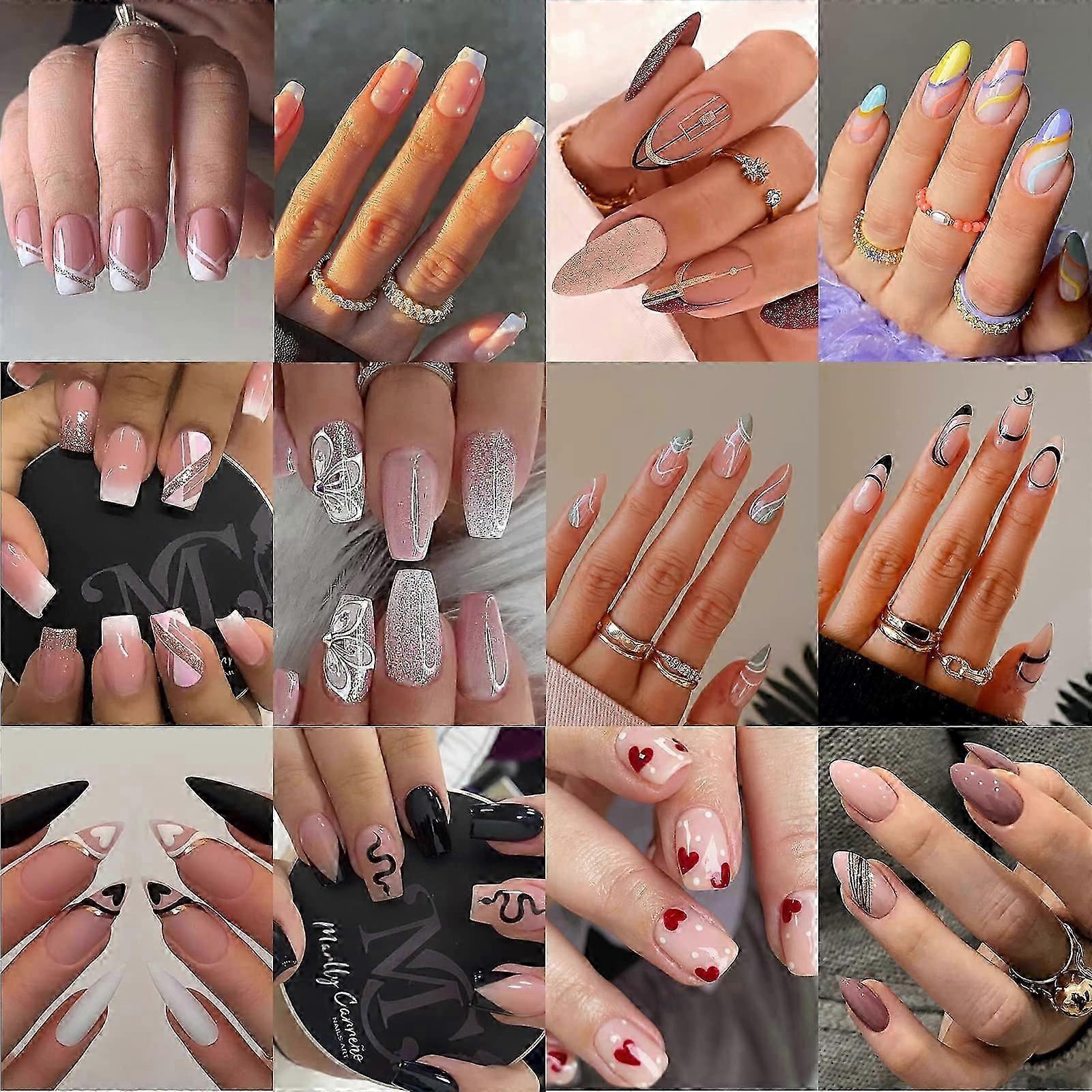 12 Packs (288 Pcs) Press On Nails Medium And Short, Fake Glue On False Nails Almond And Square With Glue For Women